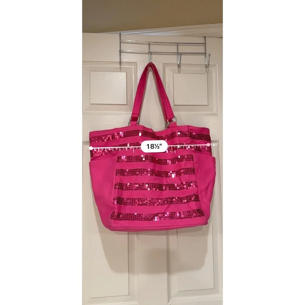 Victorias Secret Pink Sequin Stripe Canvas Tote Bag Shoulder Travel Beach Pink